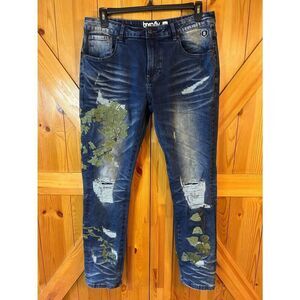 Born Fly Mens Dark Wash Distressed Patchs Embroidered Slim Jeans Size 36 (5195)